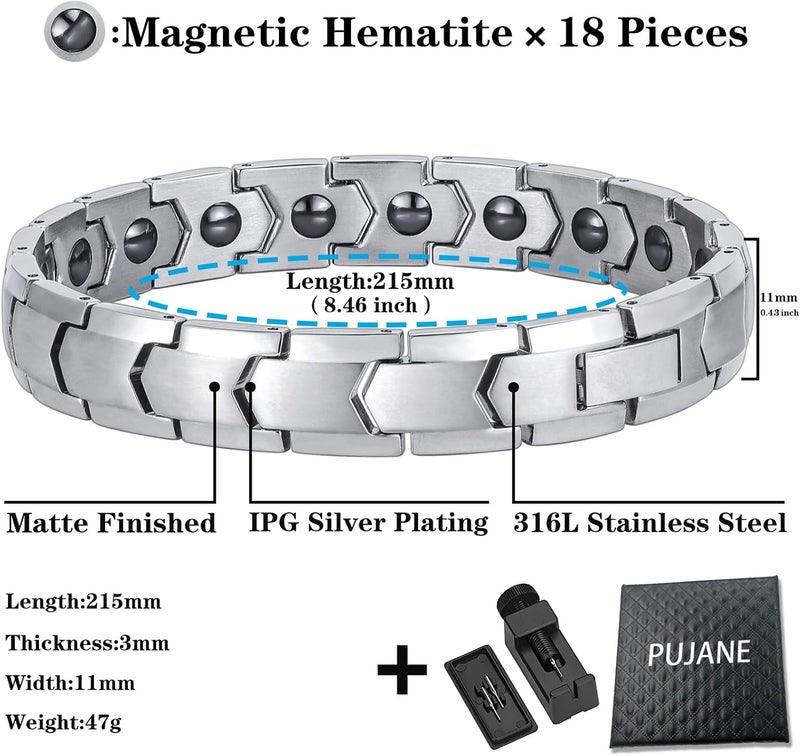 PUJANE Magnetic Hematite Bracelets for Men Women 316L Stainless Steel Power Balance Energy Magnets Stones Bracelet Jewelry Gift with Adjustment Tool - Image 2